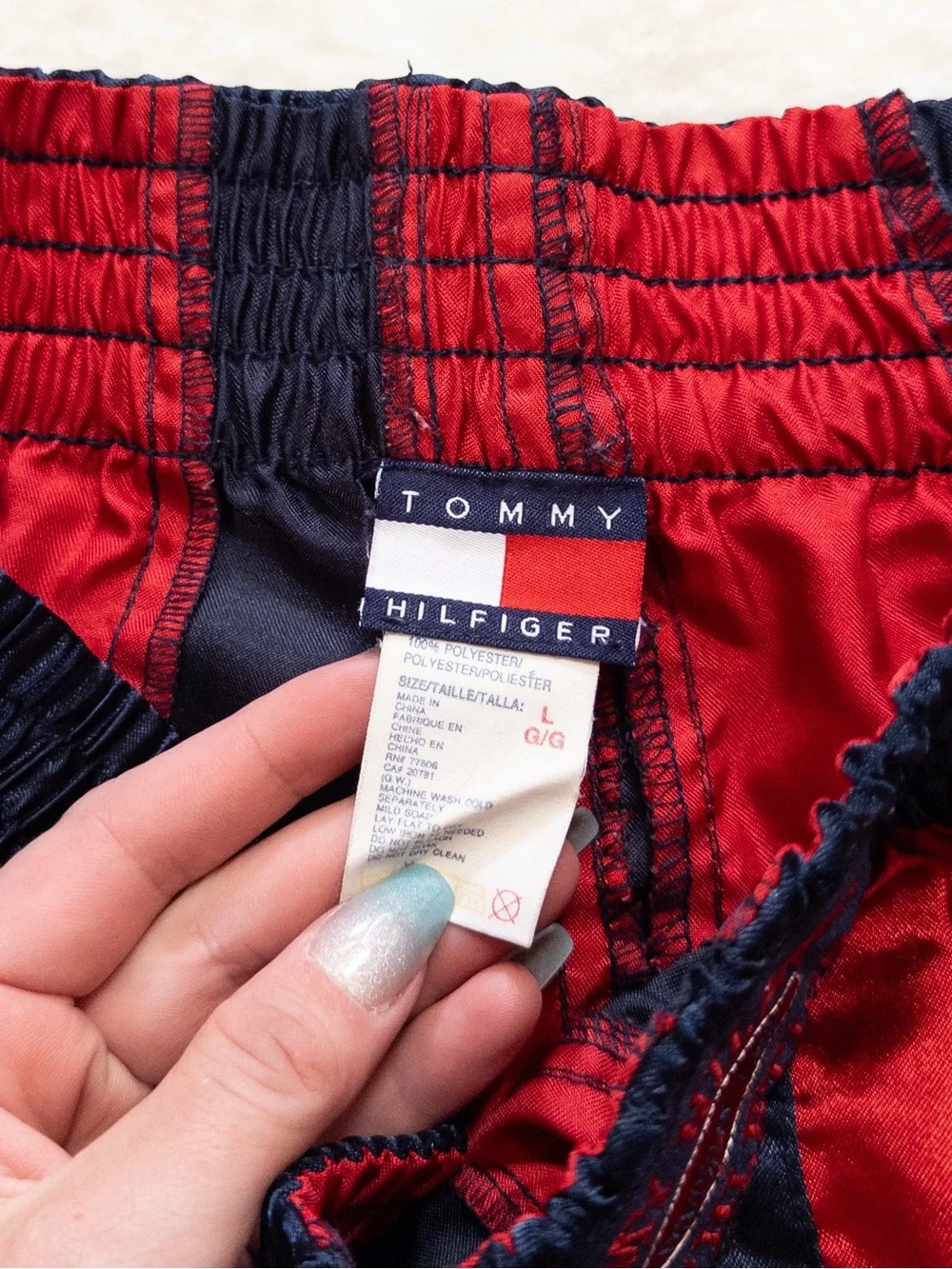 Vintage Tommy Hilfiger Athletics Satin Boxing Shorts Red Navy Striped Size L